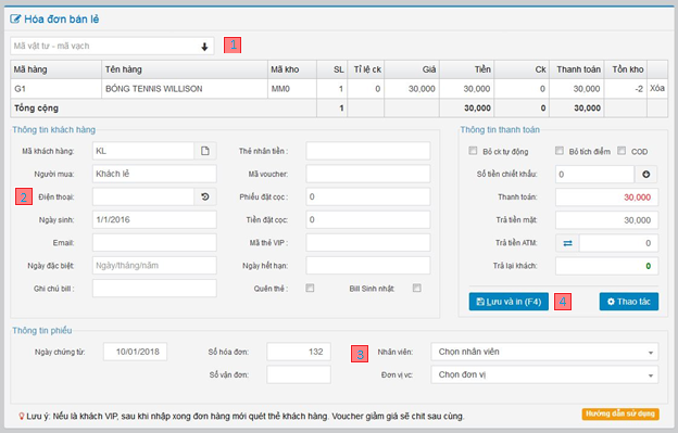 Giao diện hóa đơn bán lẻ trên phần mềm VIVA