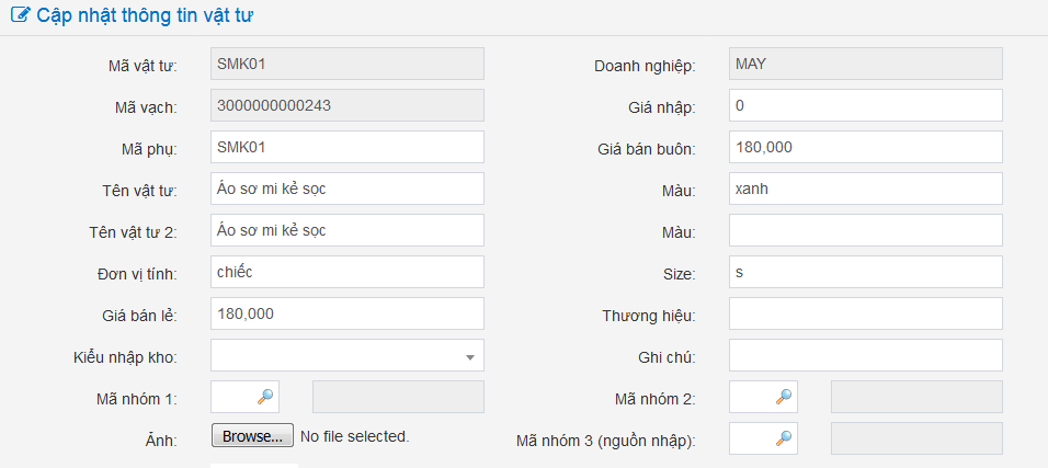 Thông tin vật tư hàng hóa, nguyên vật liệu trên phần mềm bán hàng viva