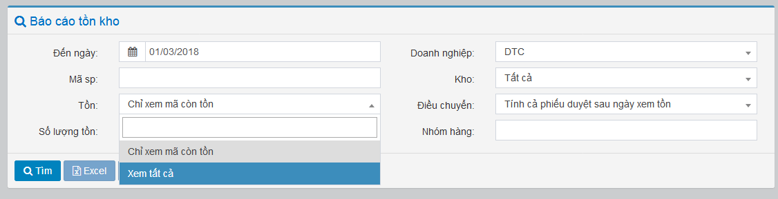 Tra cứu báo cáo tồn kho trên phần mềm viva